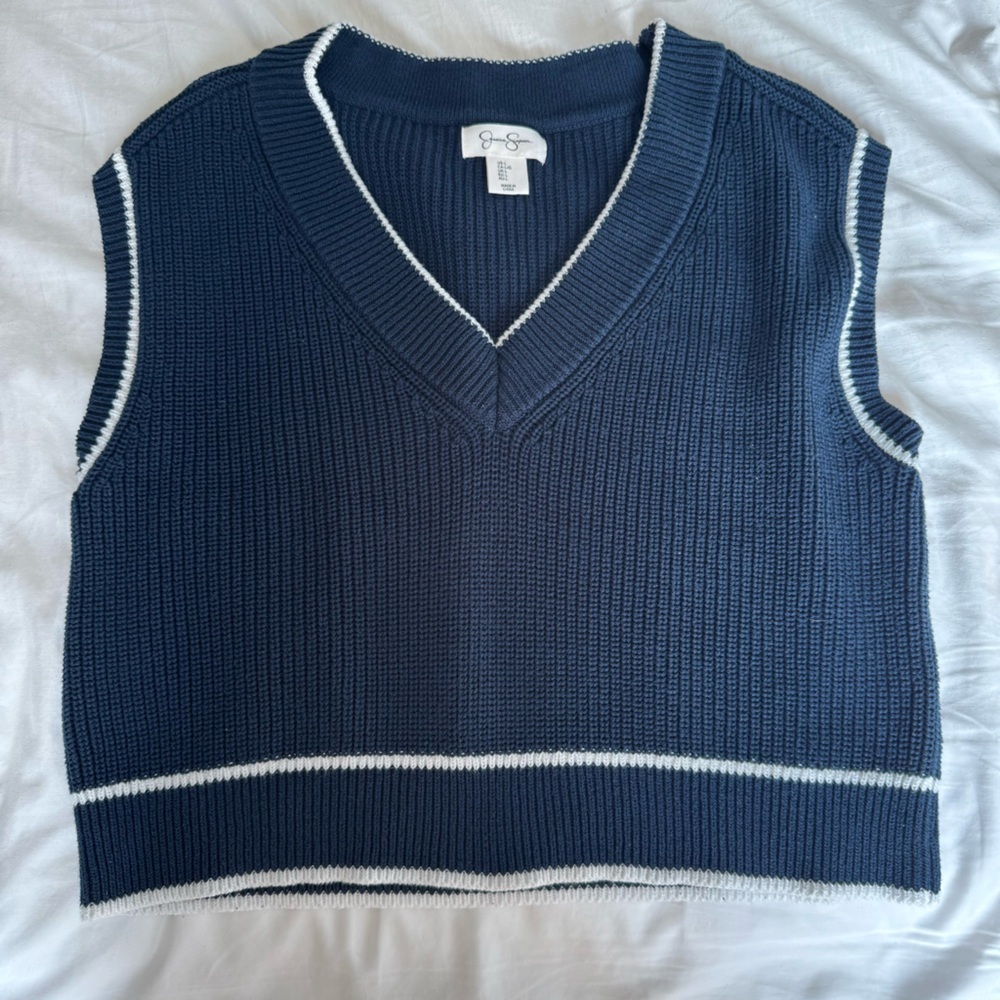 Jessica Simpson Dark Blue sweater vest Knit Top white trim Large preppy